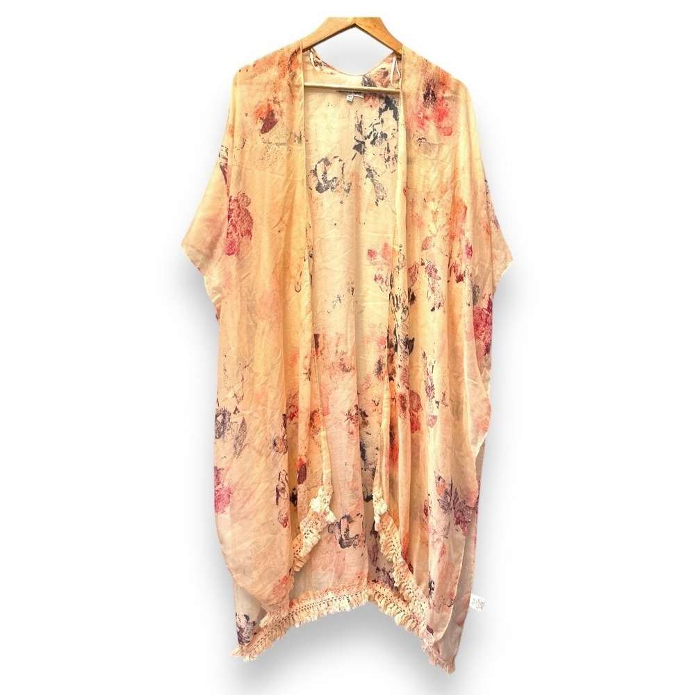 Woven Heart Floral Kimono Cardigan Peach Pink‎ Watercolor Fringe M/L AFAZ031302